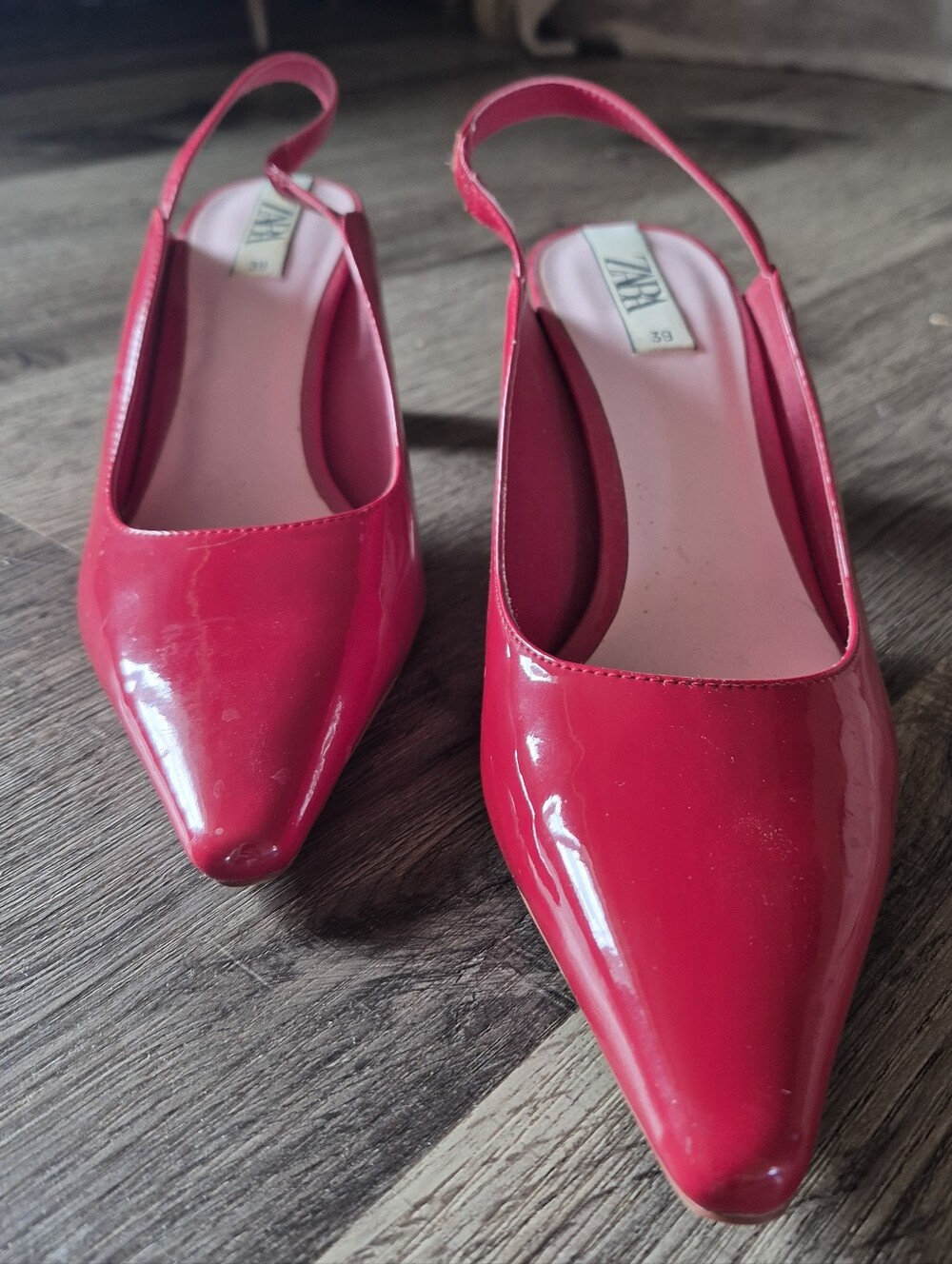 Zara Bright Red Patent Pointed Slingback Heels